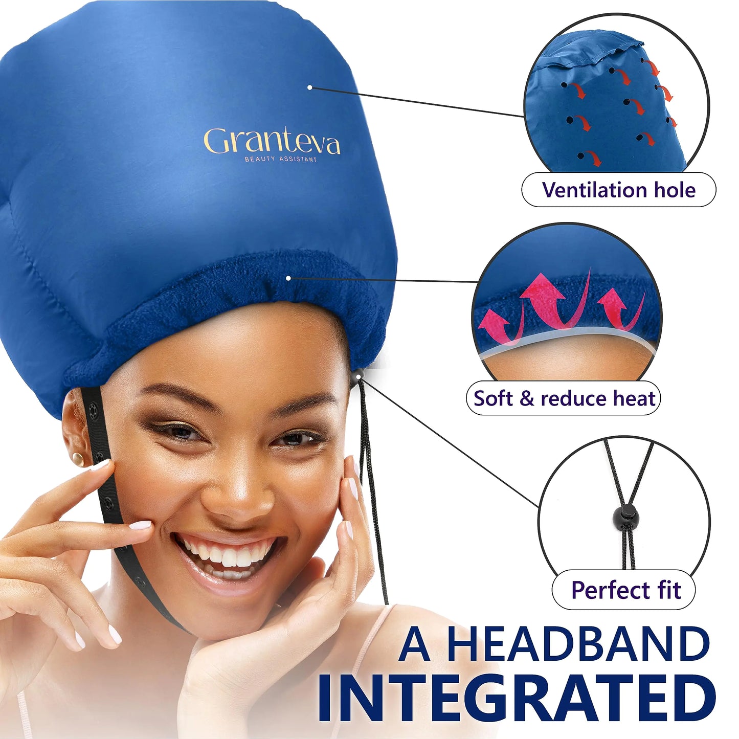 Hair Dryer Bonnet w/A Headband Integrated That Reduces Heat Around Ears & Neck - Blow Dryer Attachment for Hair Dryer, Speeds Up Drying Time Blue