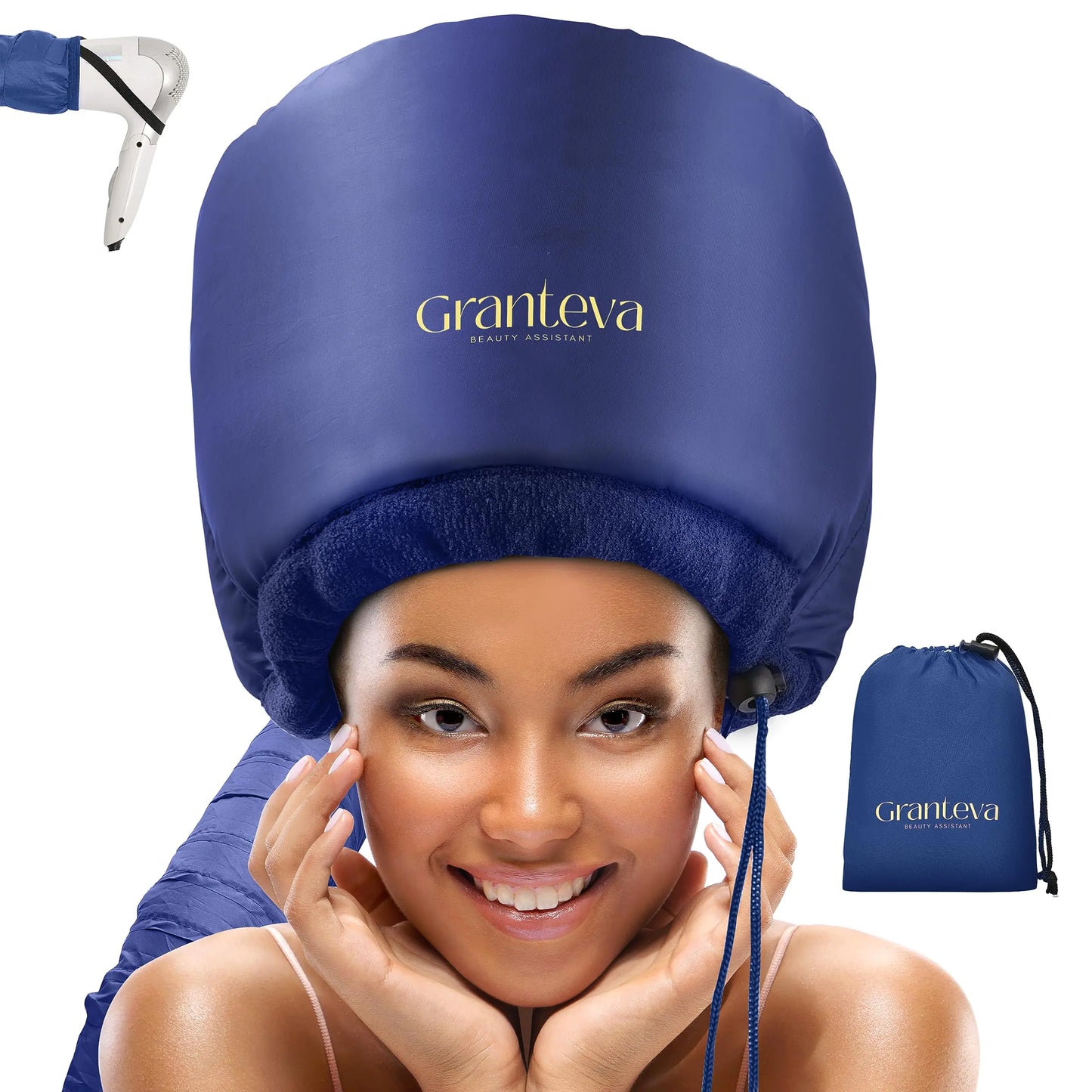 Hair Dryer Bonnet w/A Headband Integrated That Reduces Heat Around Ears & Neck - Blow Dryer Attachment for Hair Dryer, Speeds Up Drying Time Blue