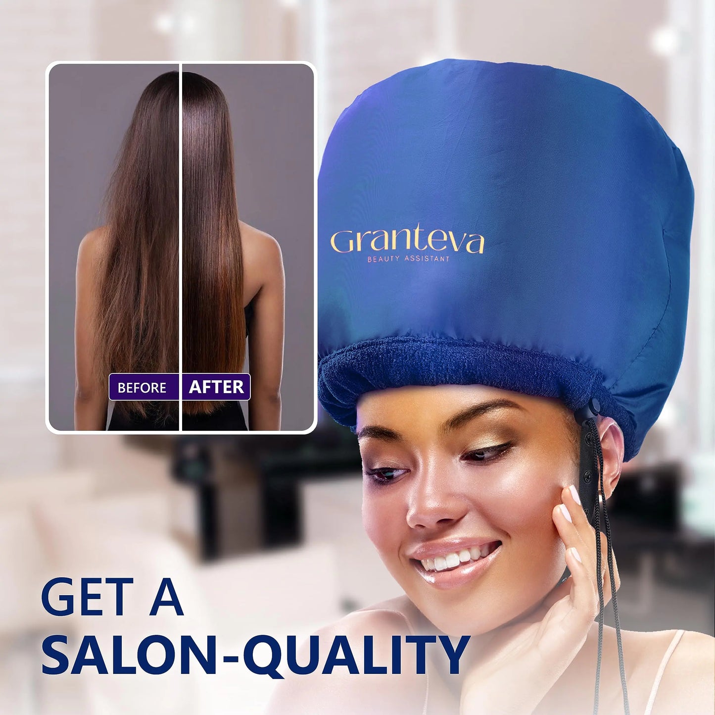 Hair Dryer Bonnet w/A Headband Integrated That Reduces Heat Around Ears & Neck - Blow Dryer Attachment for Hair Dryer, Speeds Up Drying Time Blue